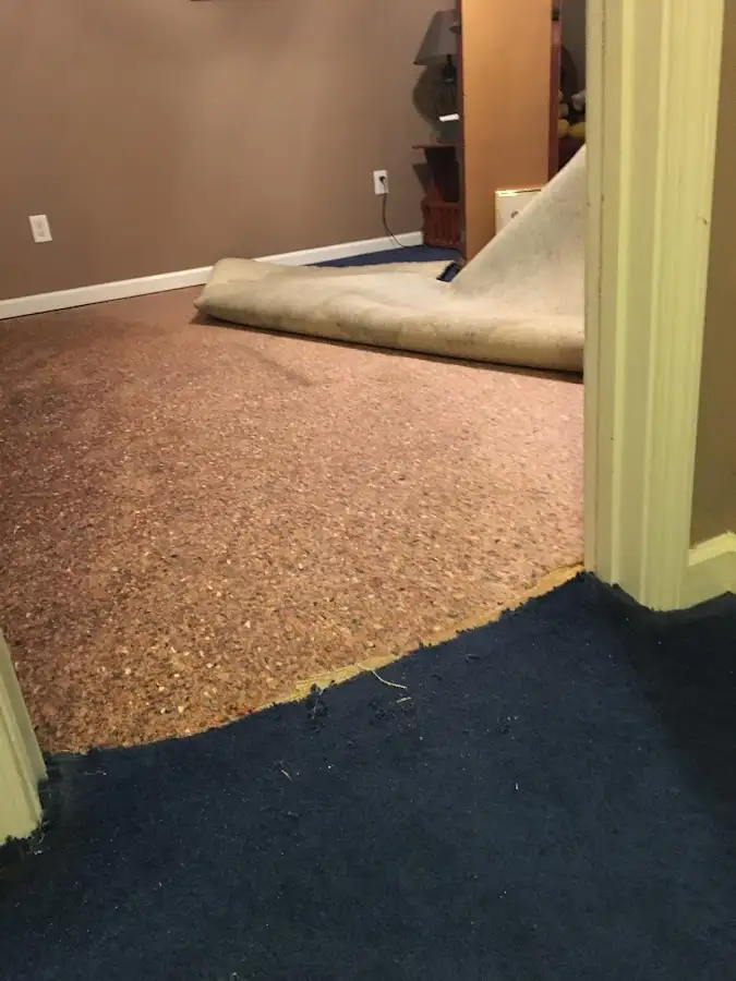 Carpet pad removal revealing water damage during Water Mitigation Services in Westampton
